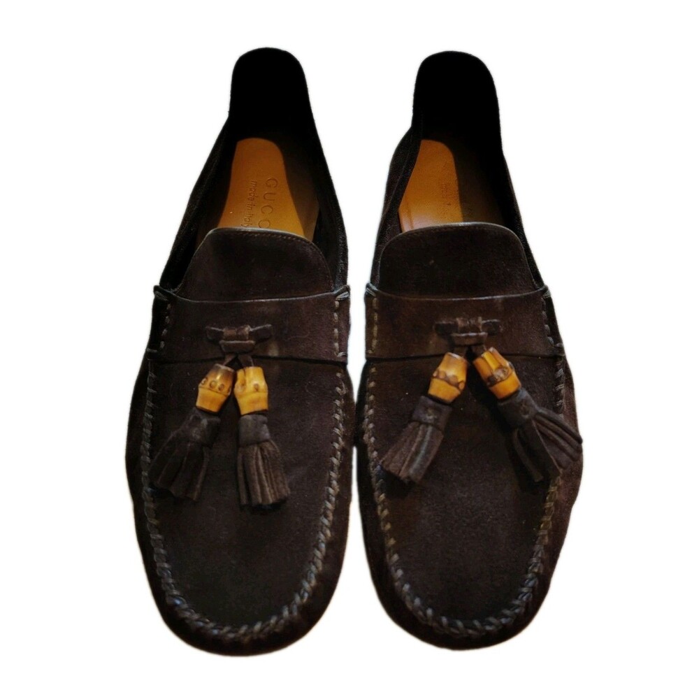 GUCCI Dark Brown Suede Bamboo Tassel Drivers Loafers Mens Size 7.5 D Made in...